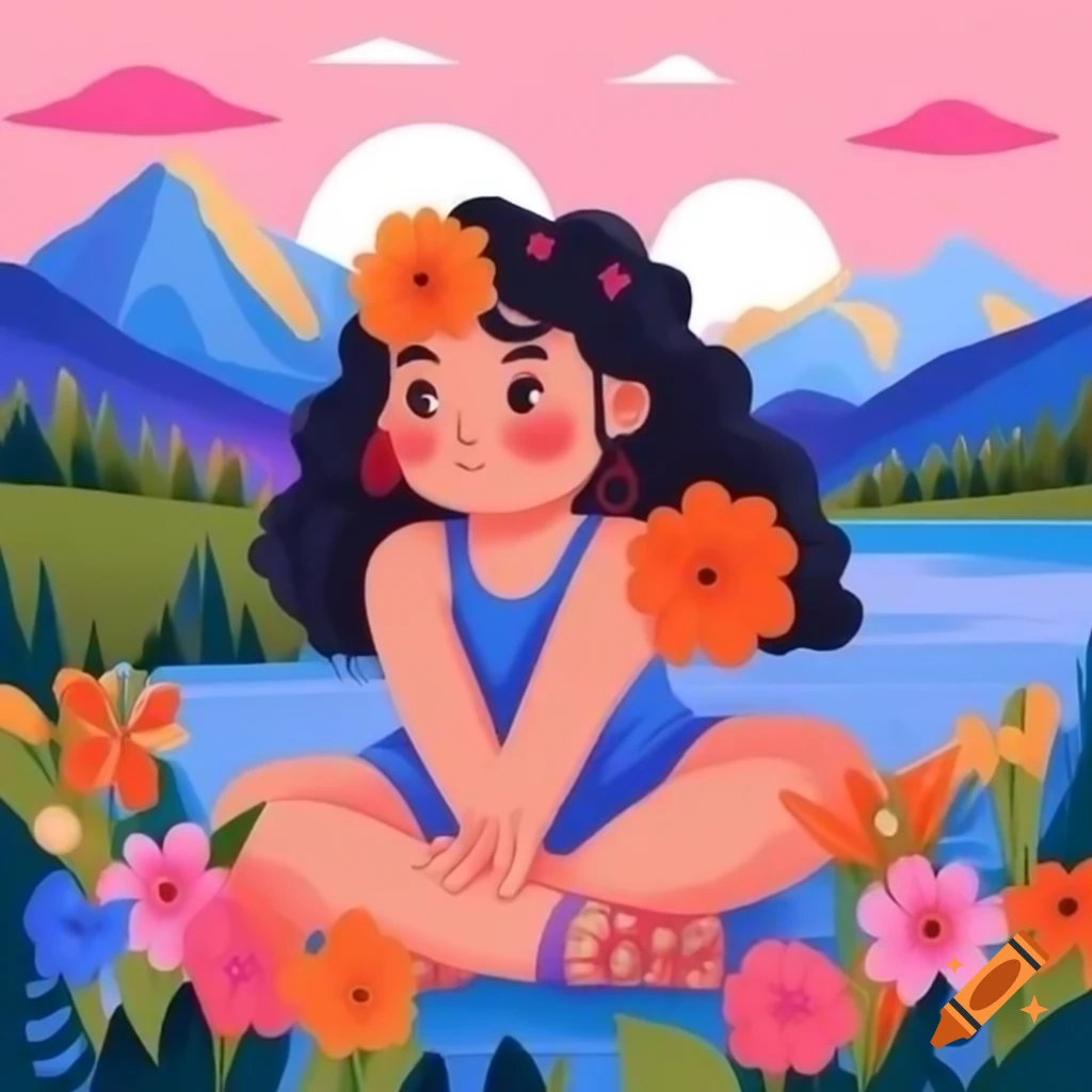 Girl with curly hair surrounded by flowers sitting by colorful lake at sunset with mountains