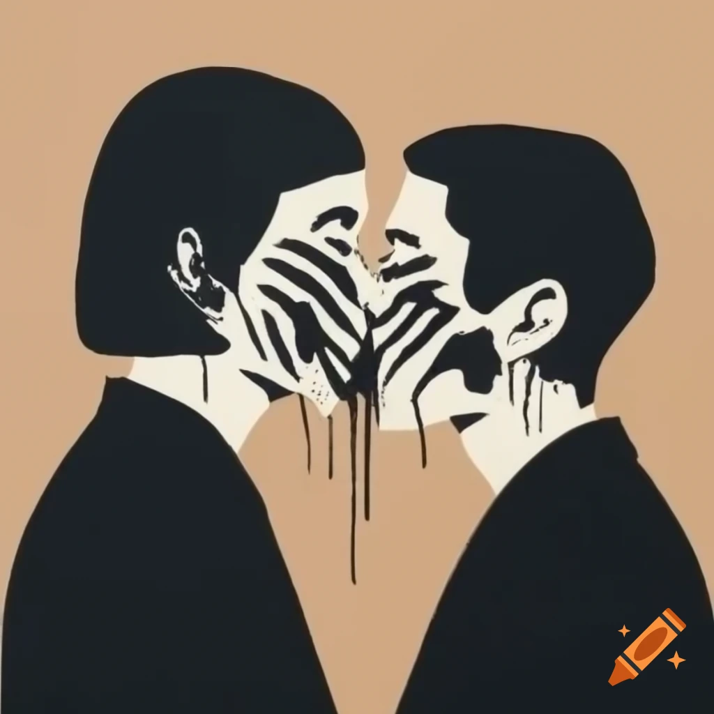 Abstract depiction of two figures kissing in minimalist linocut style
