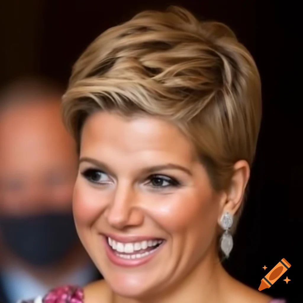 Queen Maxima showcasing a stylish boyish pixie cut with clippered nape and sides