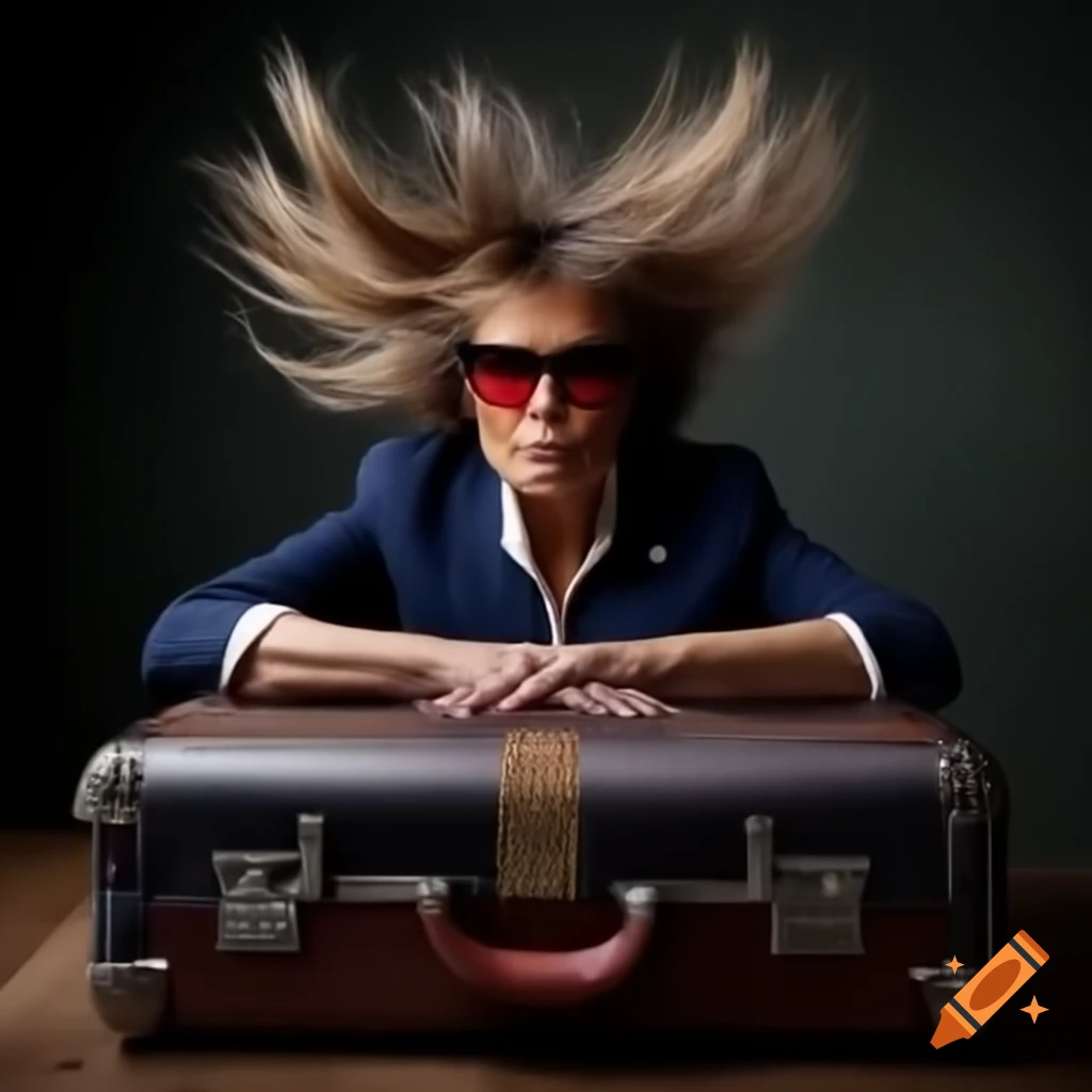 Photorealistic image of Melania Trump packing clothes into a suitcase at home