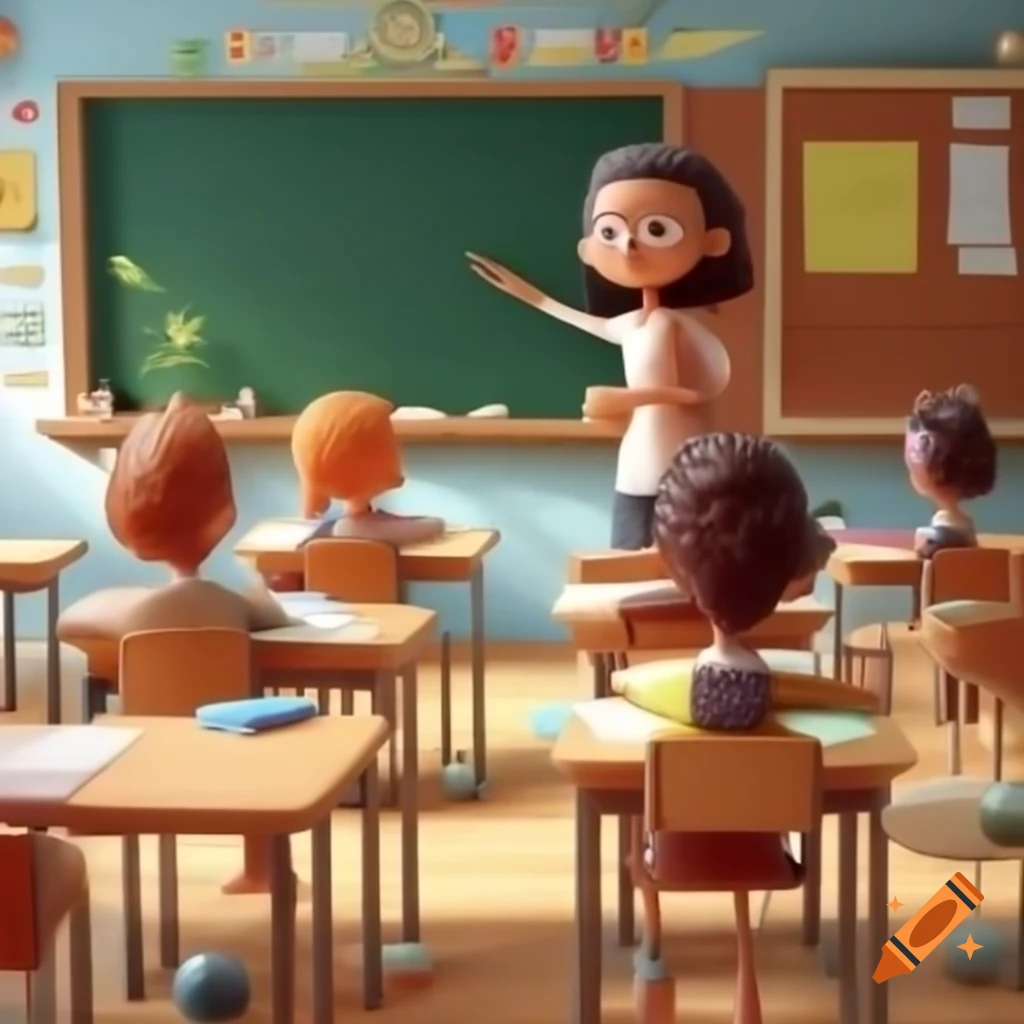 3D illustration of primary school student showing class blackboard