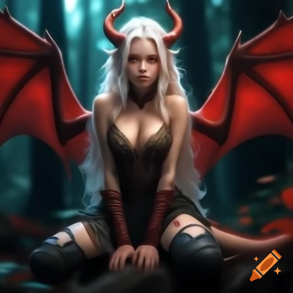Anime dragon woman with brown hair and grey eyes in fantasy forest, cinematic lighting