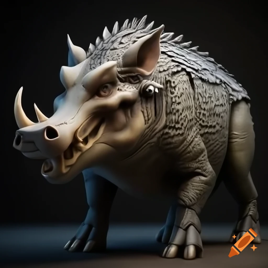 Hyper realistic wild boar-croc creature with tusks and fur