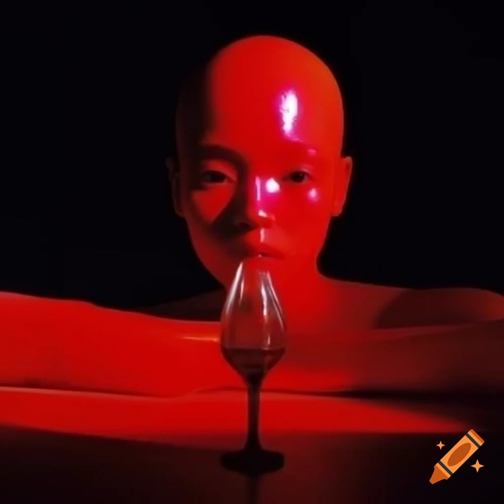 Pop surreal photography featuring a red glass statue