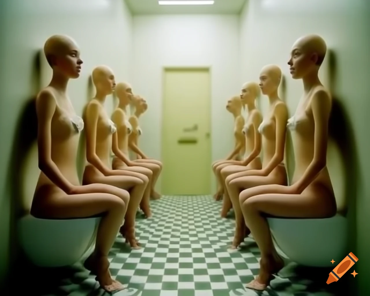Optical illusion featuring bald women in a toilet setting