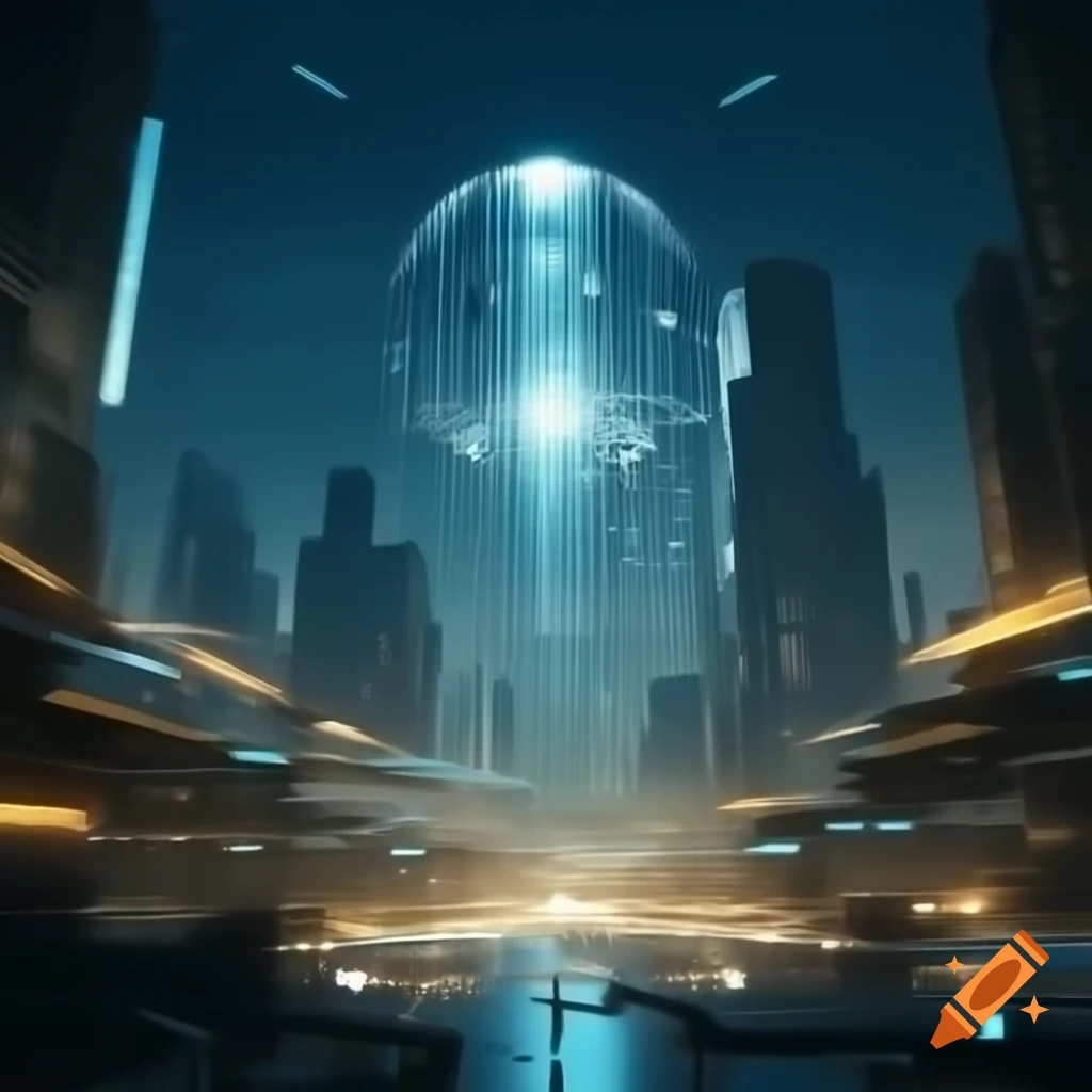 Futuristic cityscape with glowing digital interfaces in daylight, showcasing advanced AI technology
