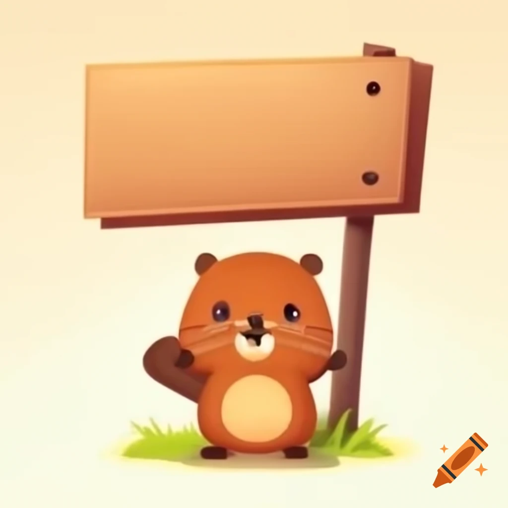 Cute smiling beaver with large sign, children's book illustration style