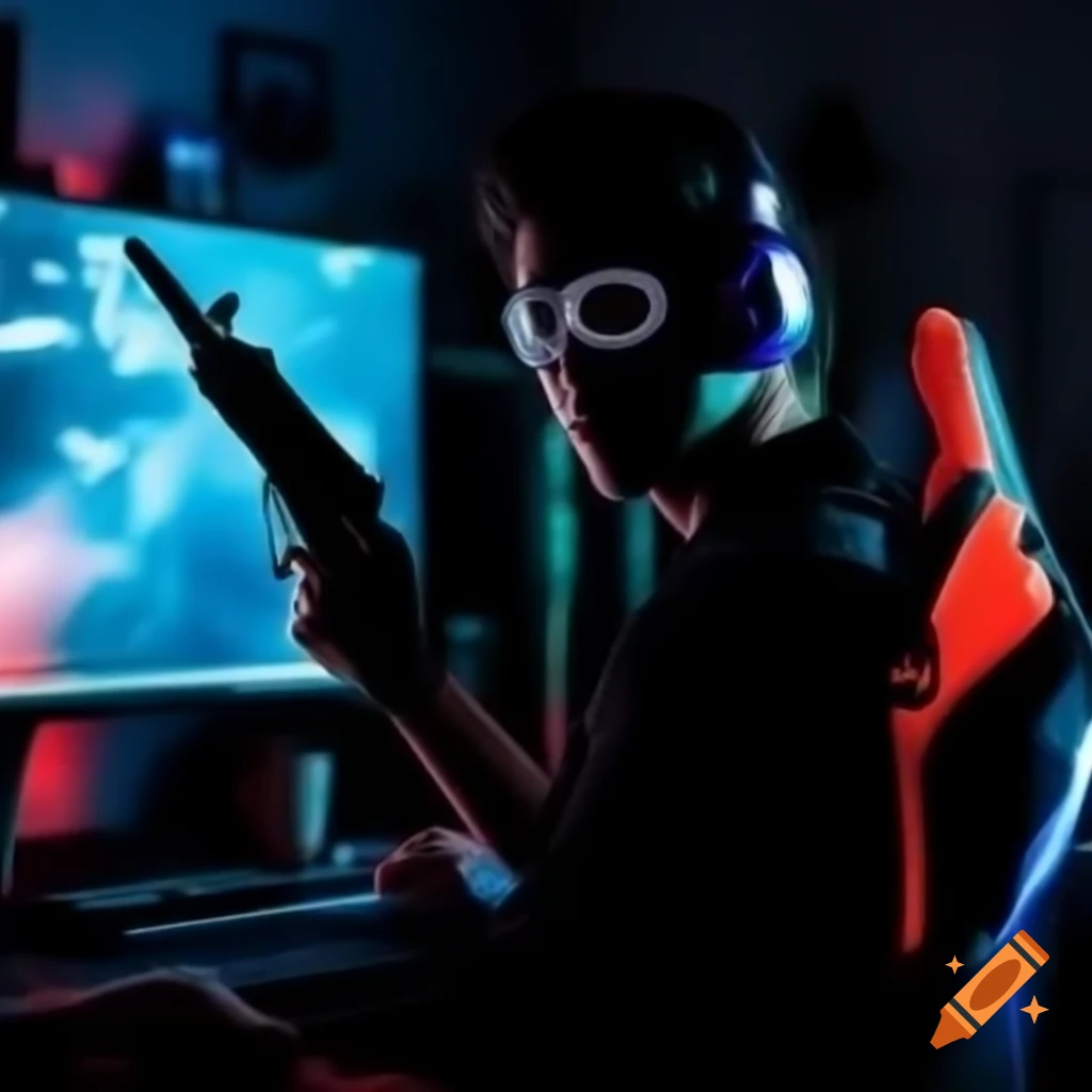Silhouette of a gamer with headphones and gun, glowing eyes