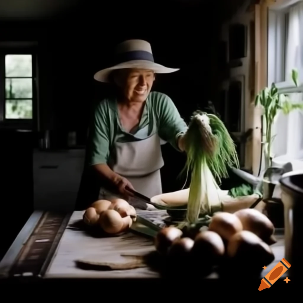 Cottage core home with woman in raccoon hat chopping onions