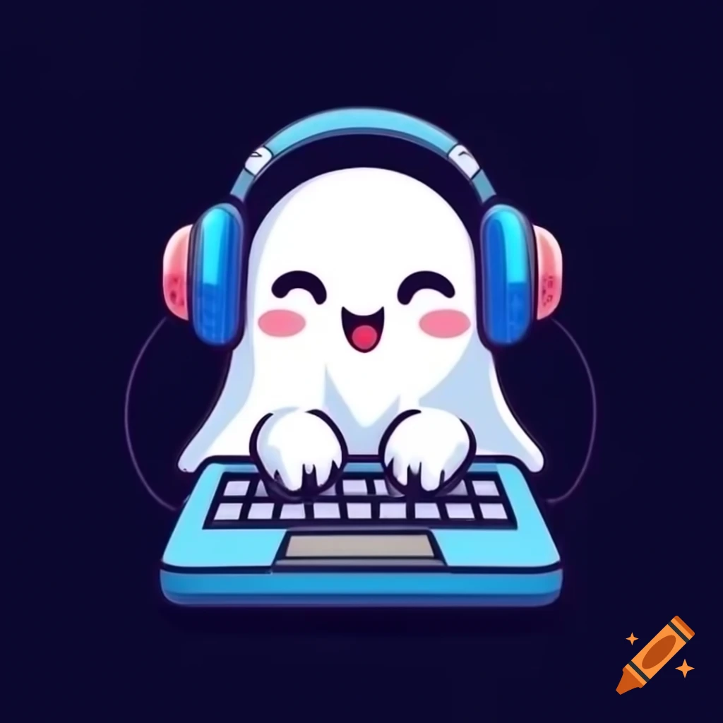 Cute ghost using keyboard and wearing headphones