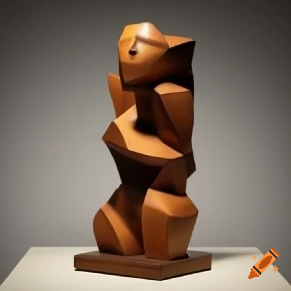 Cubist sculpture of a female figure crafted from rough painted wood