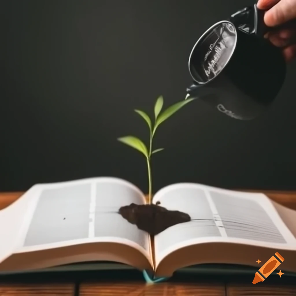 Open book with plant growing and coffee pouring onto it