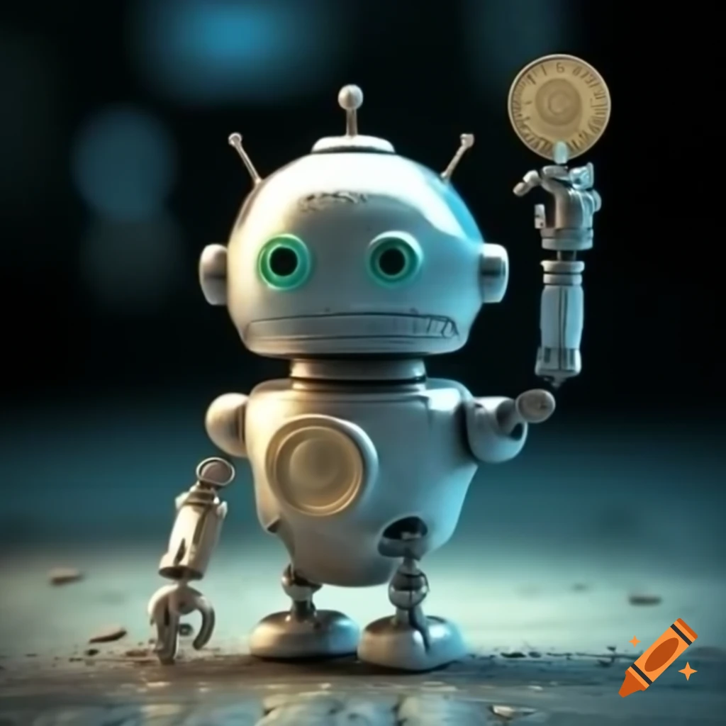 Glass robot figurine shaped like a man with a coin