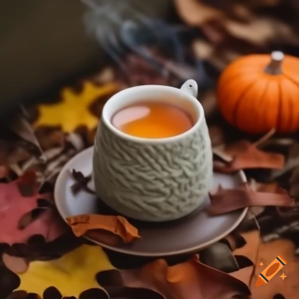 Cozy autumn scene with pumpkins, crochet, and steaming tea among fallen leaves