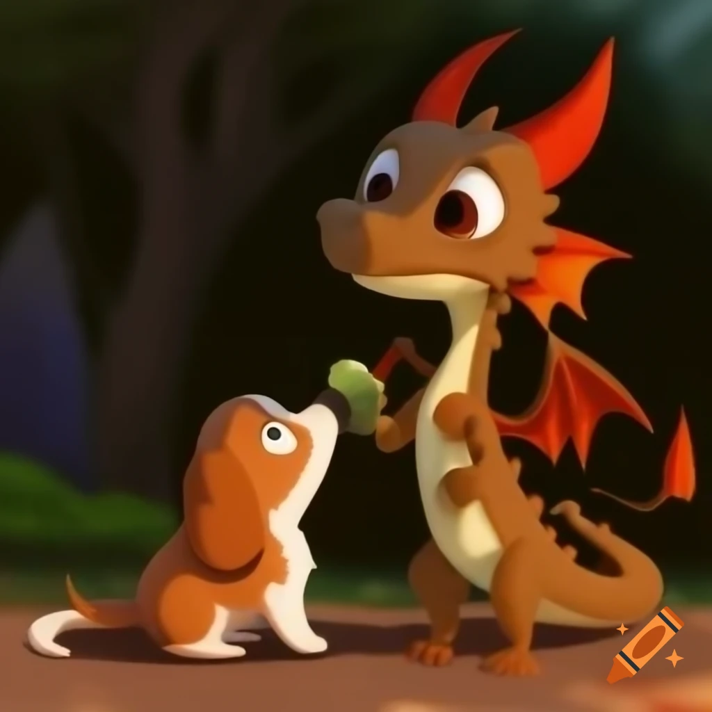 Dragoness and dog sharing a meal