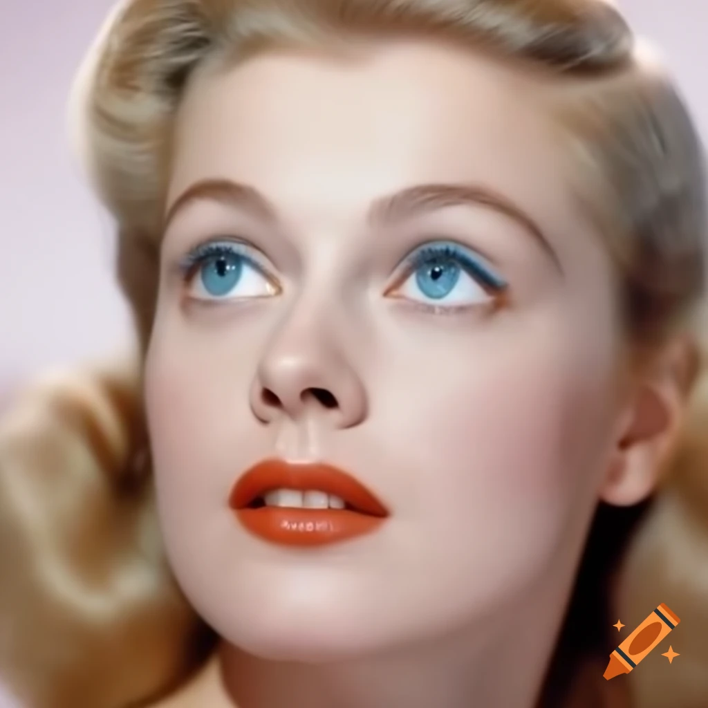 Hyper-realistic portrait of a beautiful European actress from 1963 with porcelain skin and blue eyes