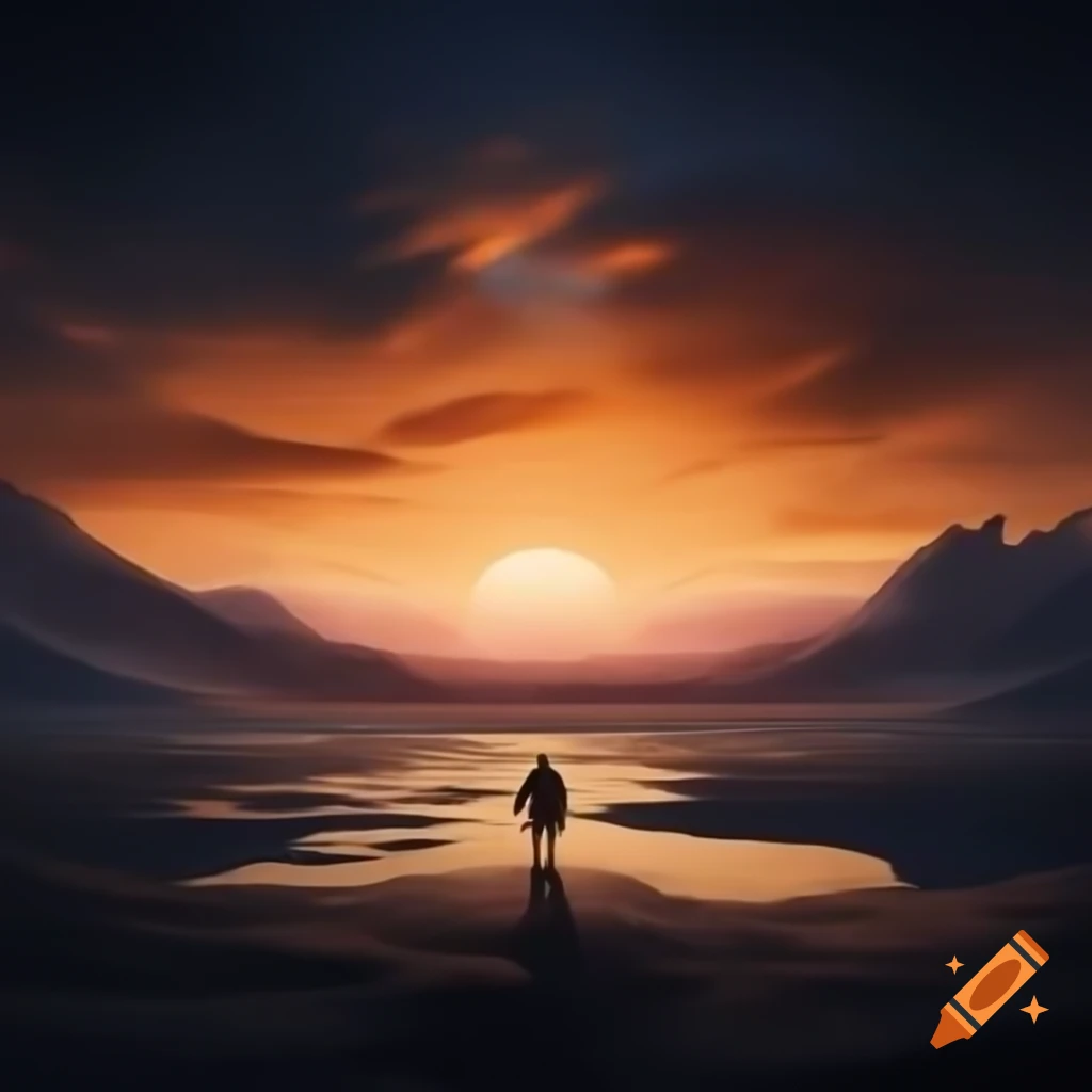 Sunset warrior emerging from arctic wasteland at dusk with golden and pink sky