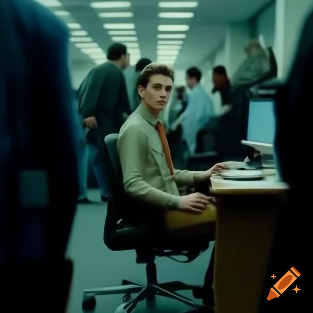 Ordinary scene of person in office or crowded street with muted colors