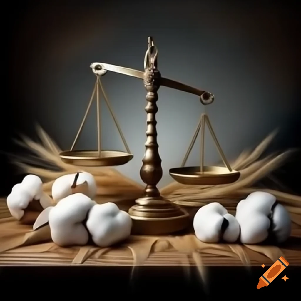Poster depicting justice with scale balancing wheat and cotton