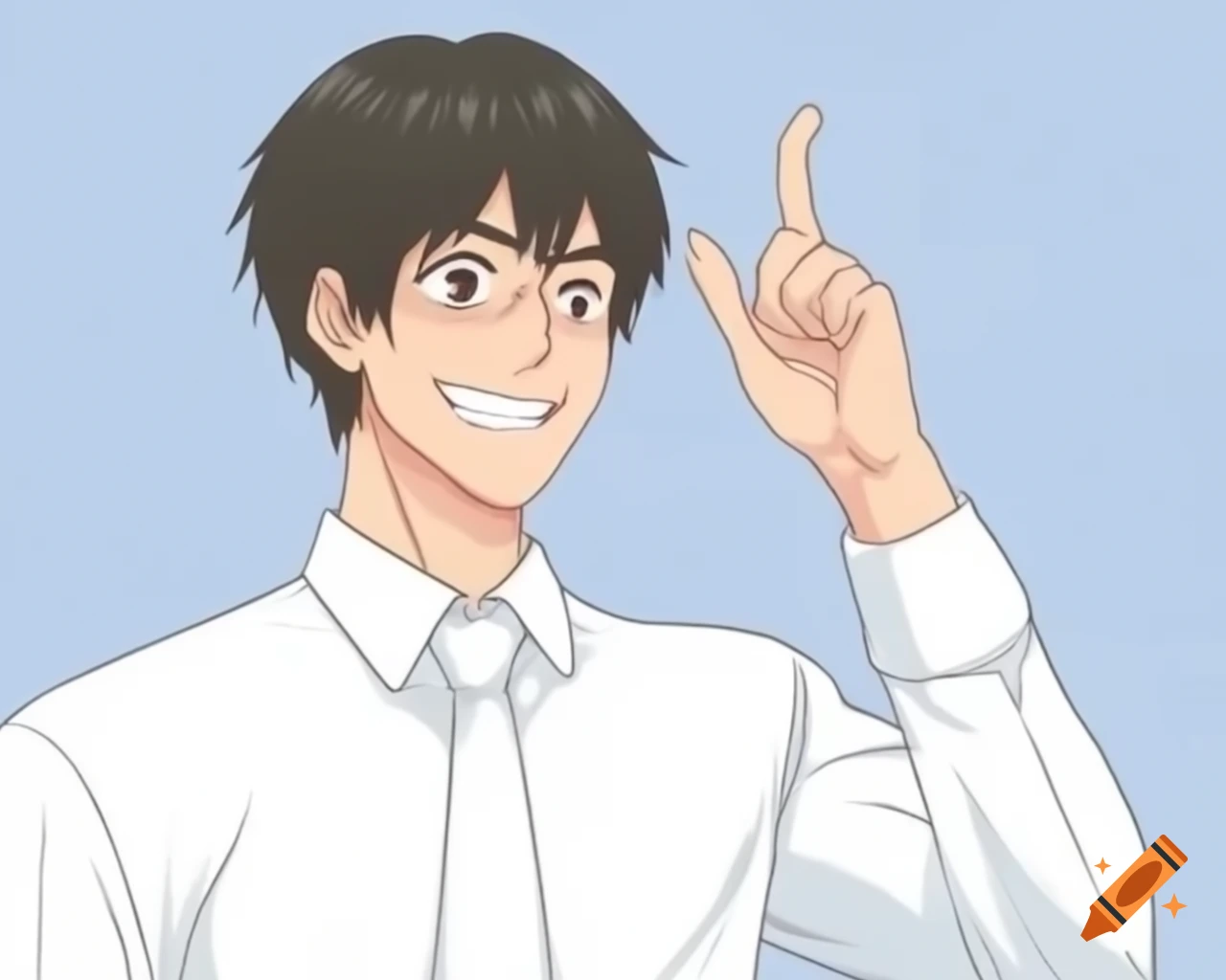 Manga depiction of François Fillon in a white shirt, smiling while searching for clothes