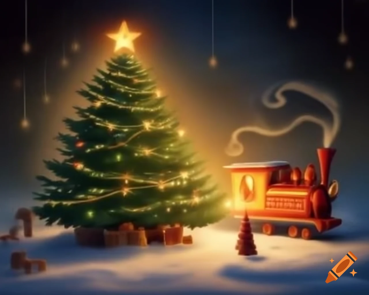 Whimsical toy train under glowing Christmas tree in winter wonderland