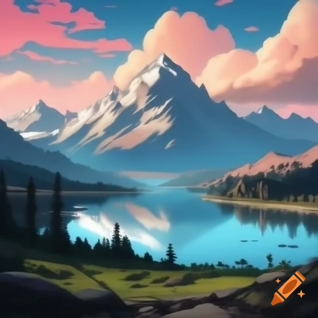 Mountain range reflecting in serene lake against pink sky