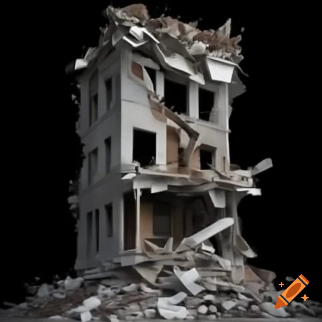 Ruined gray building suspended in air against black background