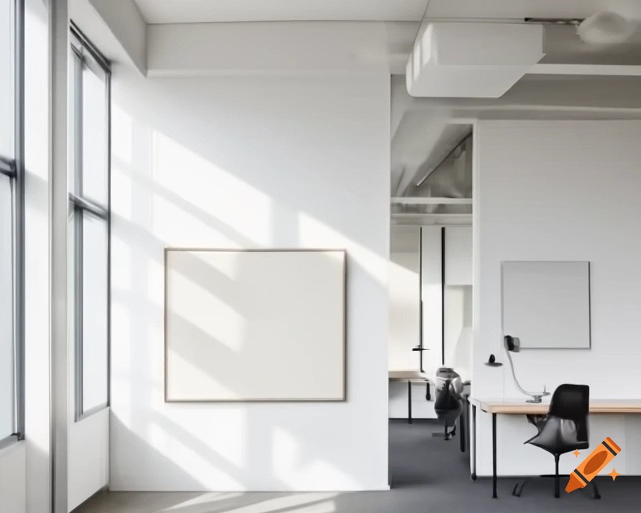 Minimalist office space with natural light and white walls for online meetings