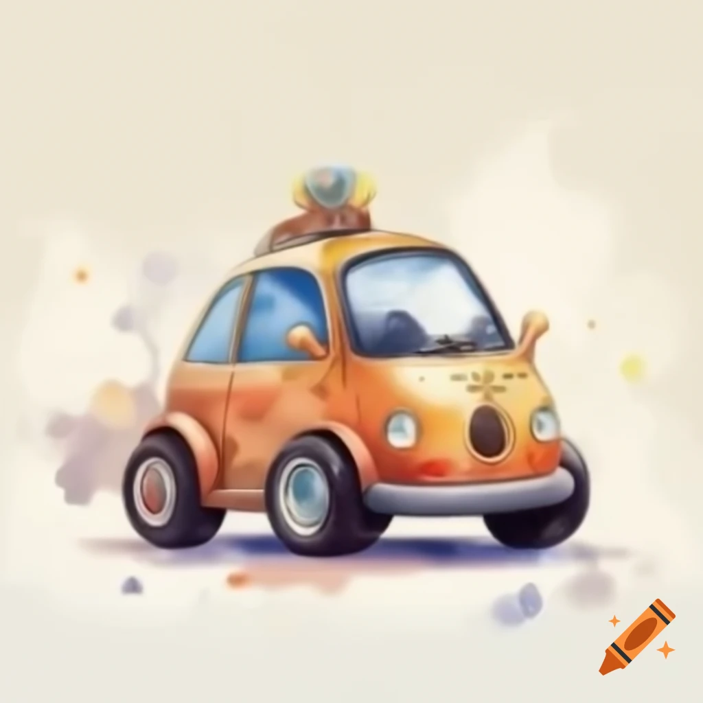 Cartoon-style toy car on white background, watercolor design