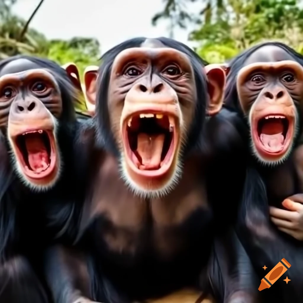 Three chimpanzees interacting playfully with the camera