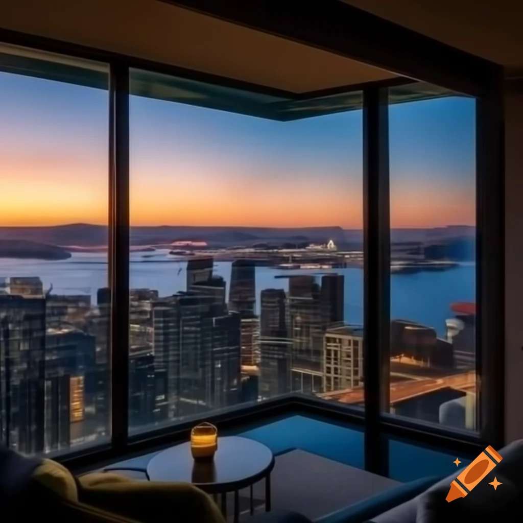 Seattle dawn view and Hong Kong Victoria Harbour night skyline from modern apartment