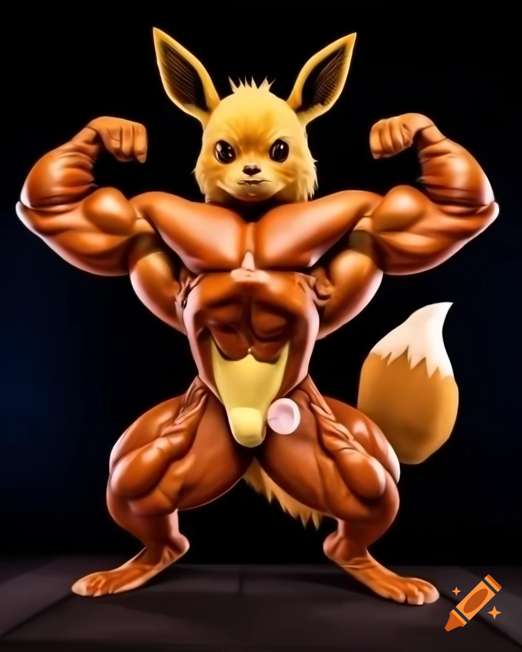 Anthro Eevee bodybuilder flexing muscles in furry art style