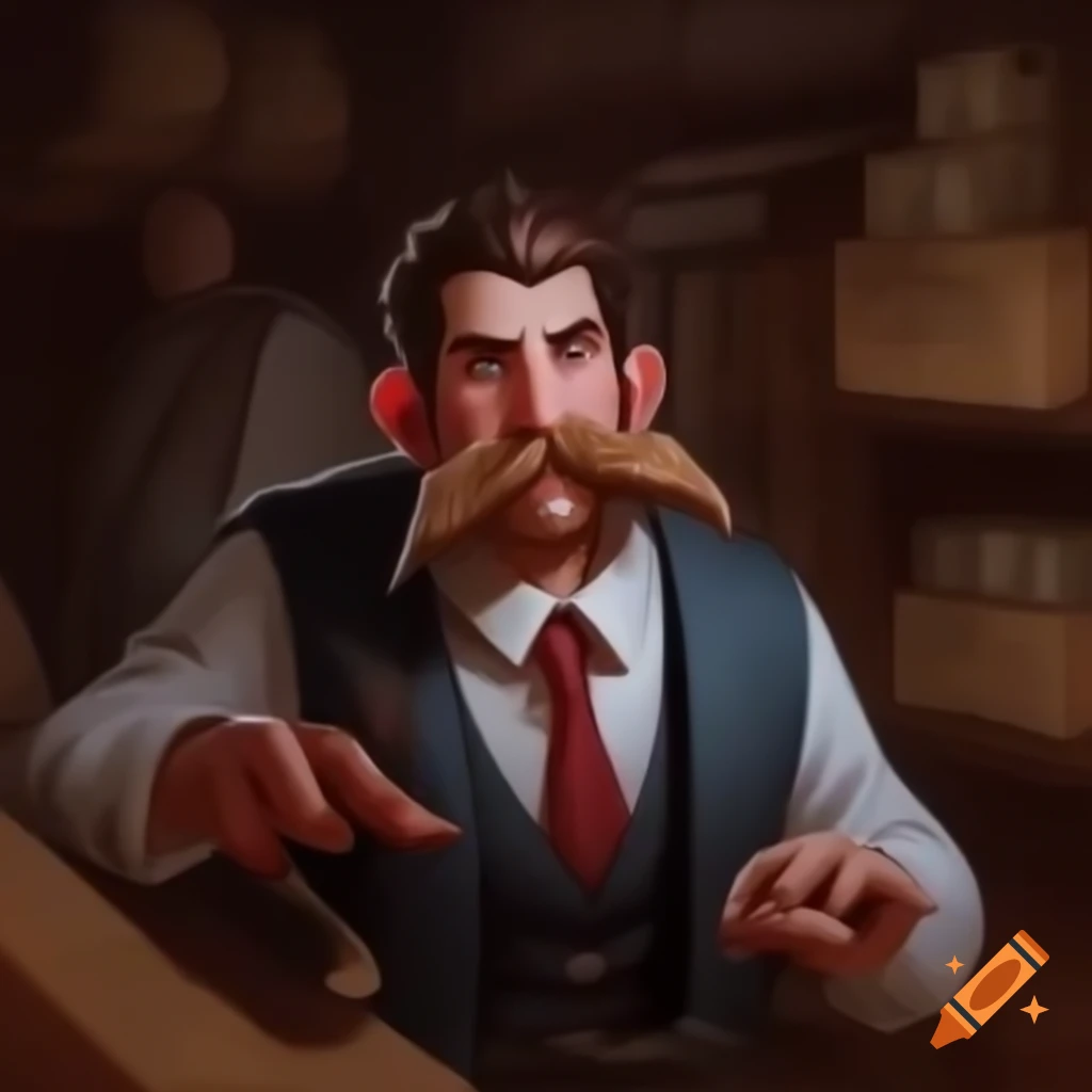 Nervous man in business outfit in front of merchant store, Dungeons and Dragons art style