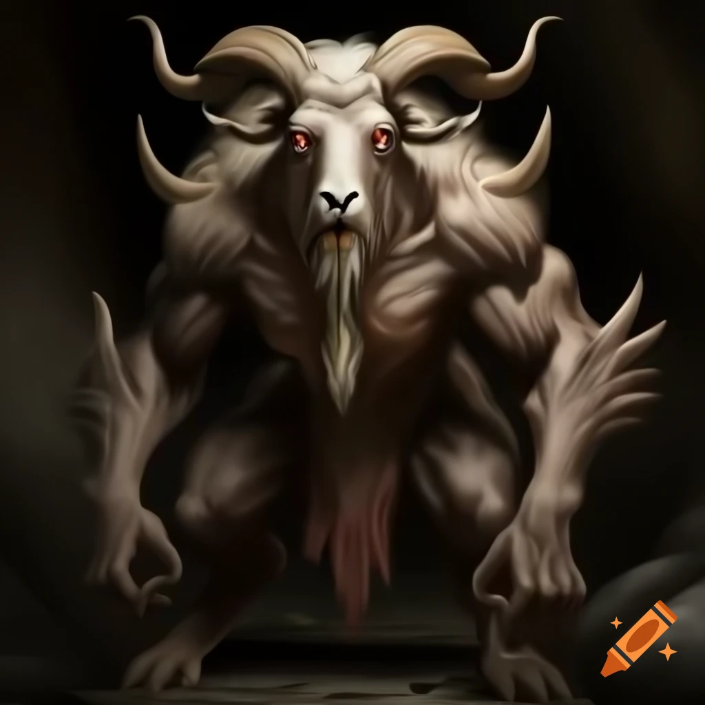 Realistic depiction of a goat-headed demon with large horns and muscular legs in oil painting