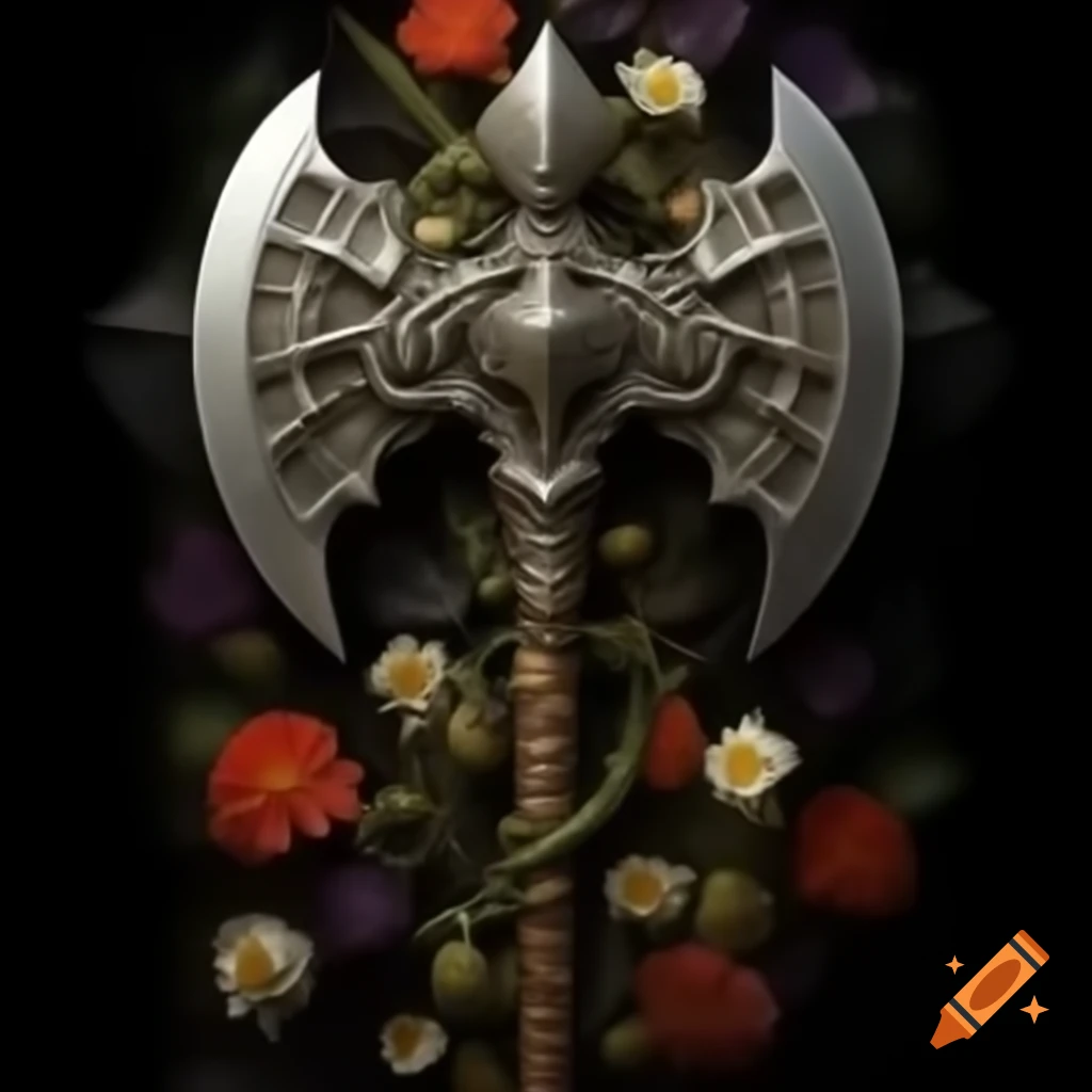 Intricate battleaxe adorned with beautiful flowers
