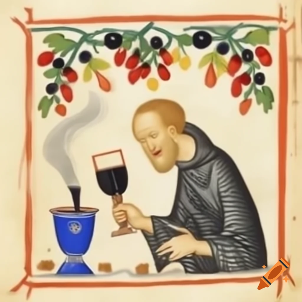 Medieval manuscript of priest making hot spiced wine with grapes in chalice