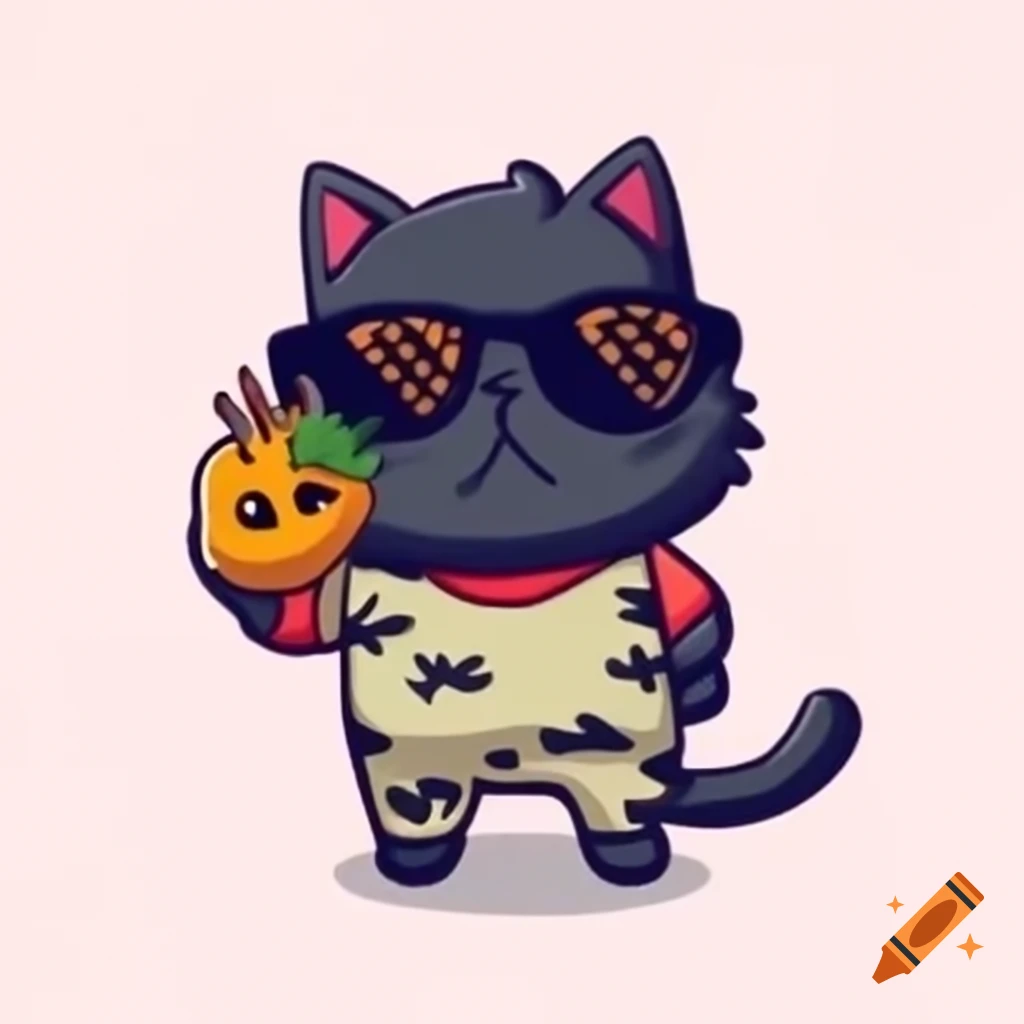 Cartoon art of black cat in sunglasses and pajamas outfit