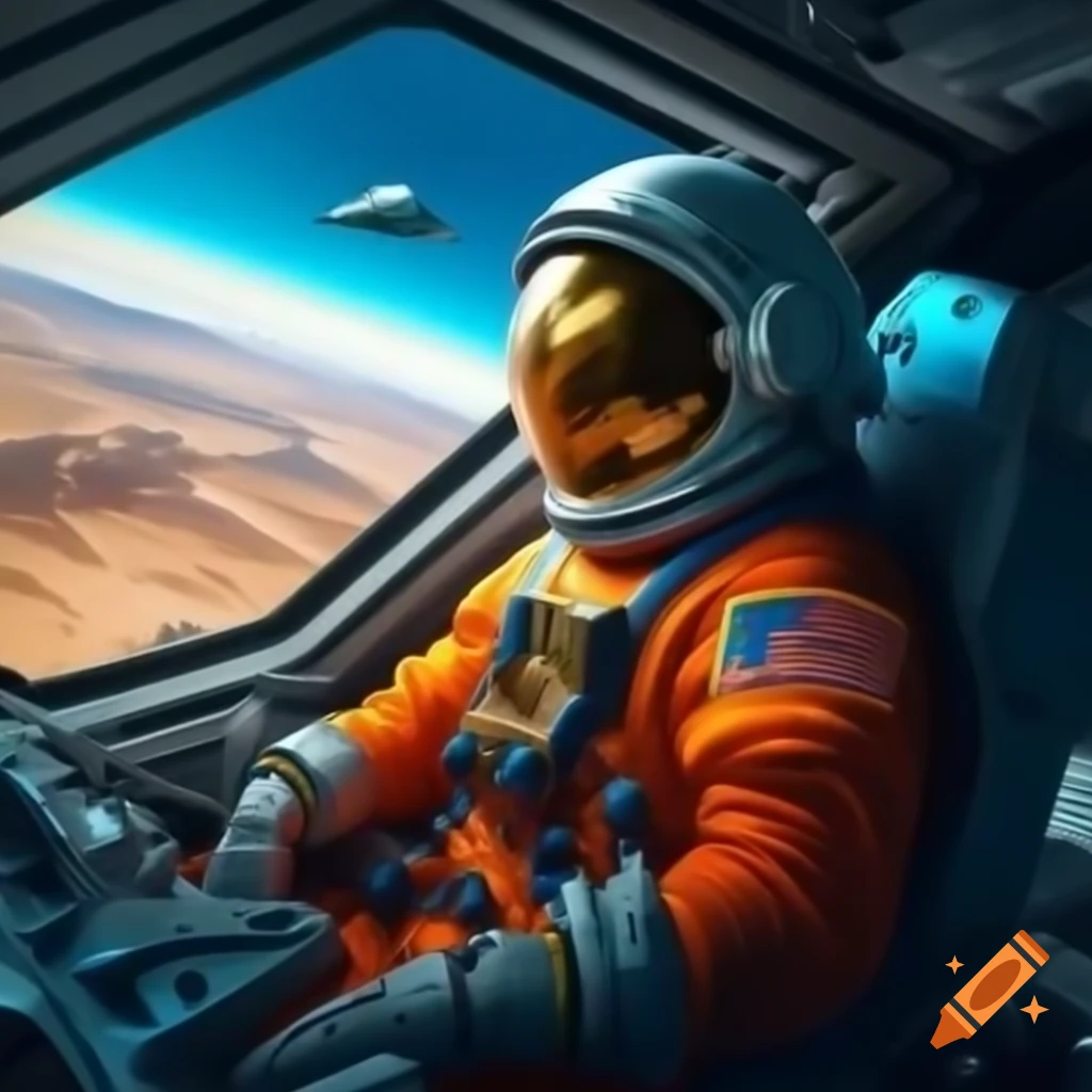 Astronaut in orange suit inside spaceship over desert landscape