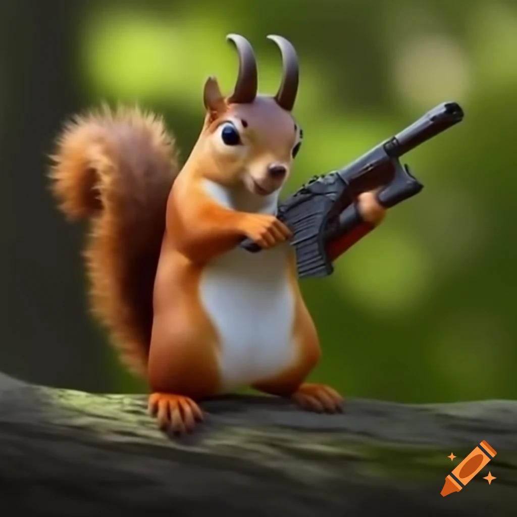 Squirrel with goat horns aiming a gun in a surreal scene