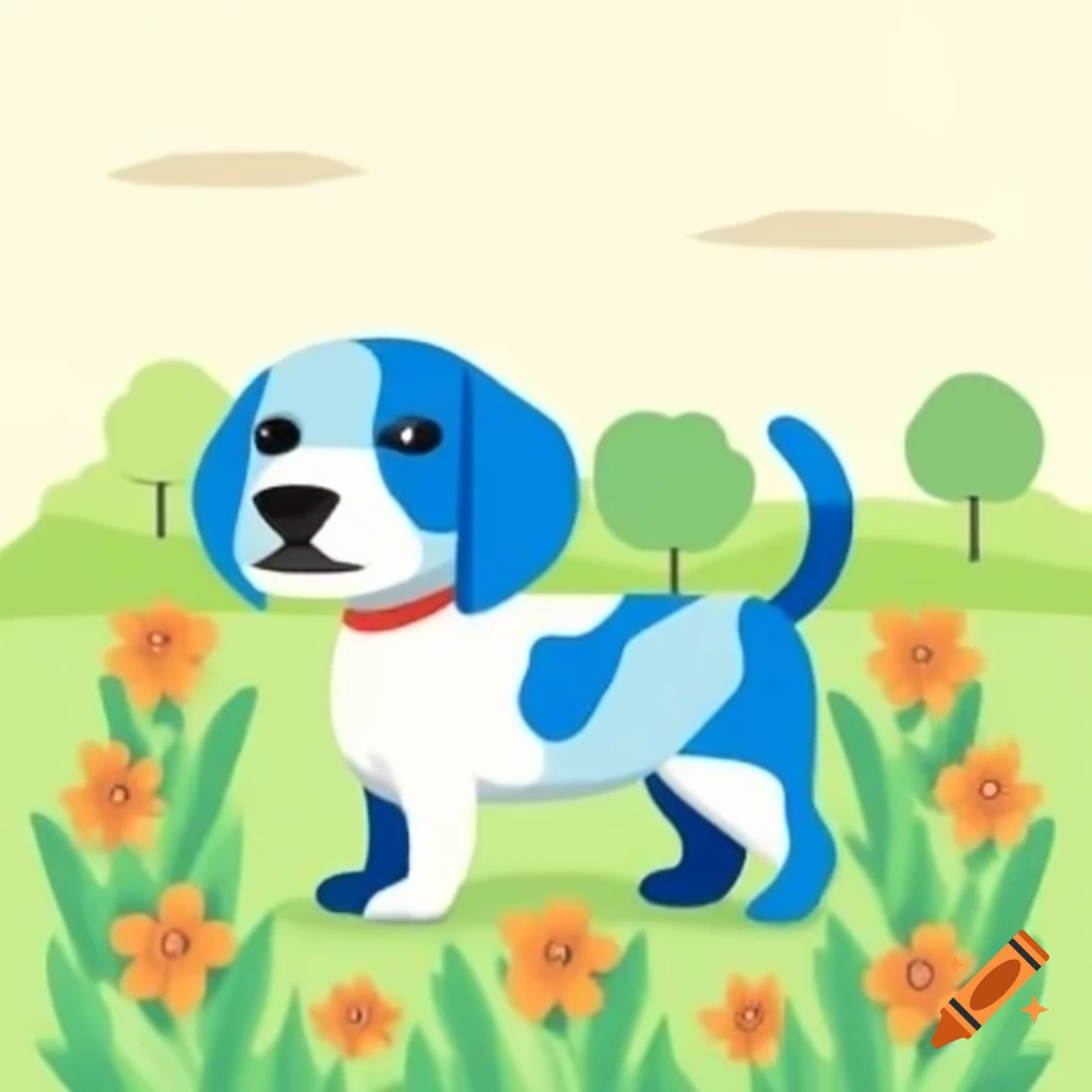 Blue and green dog in a colorful field of flowers