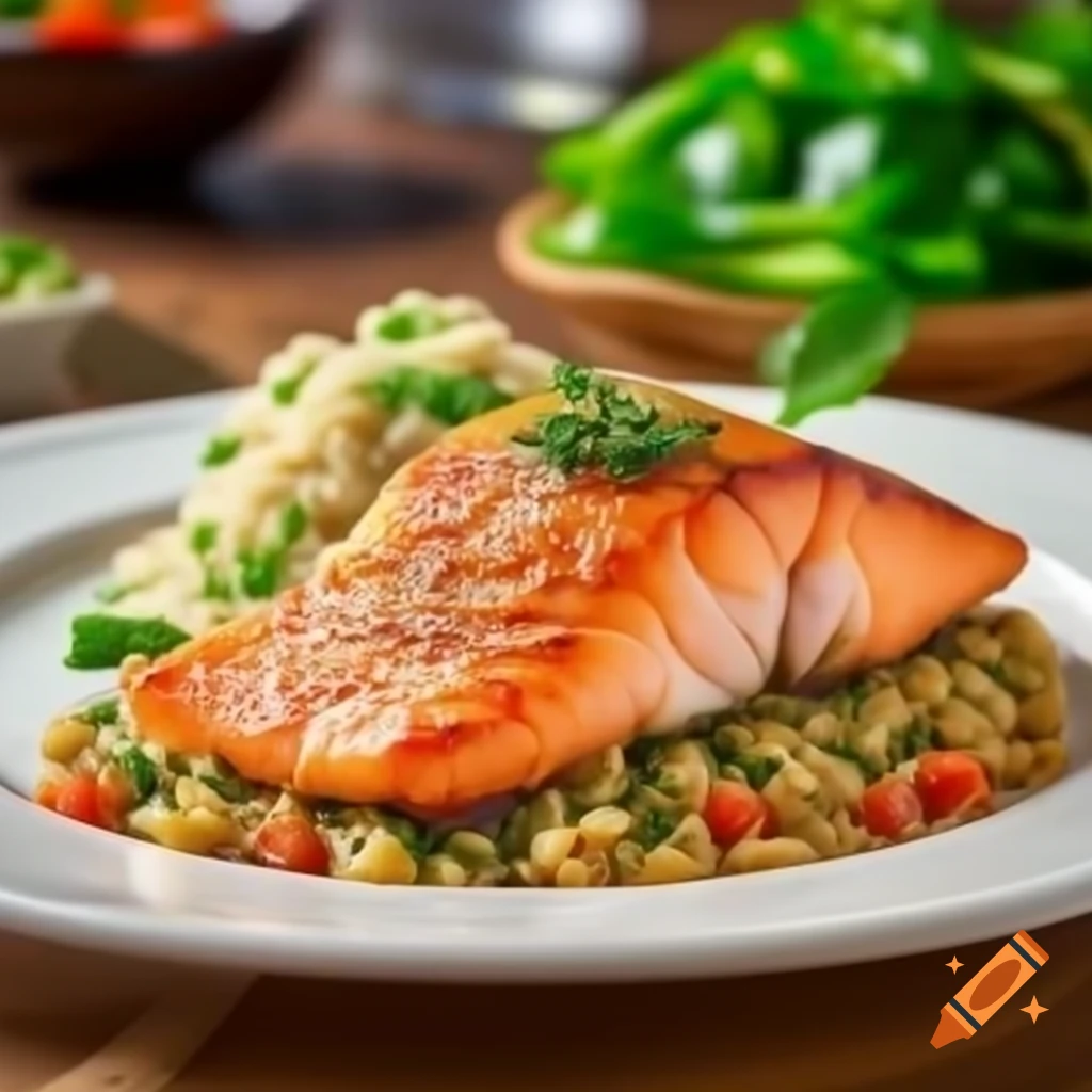 Baked salmon fillet with crispy skin and steamed vegetables, food photography