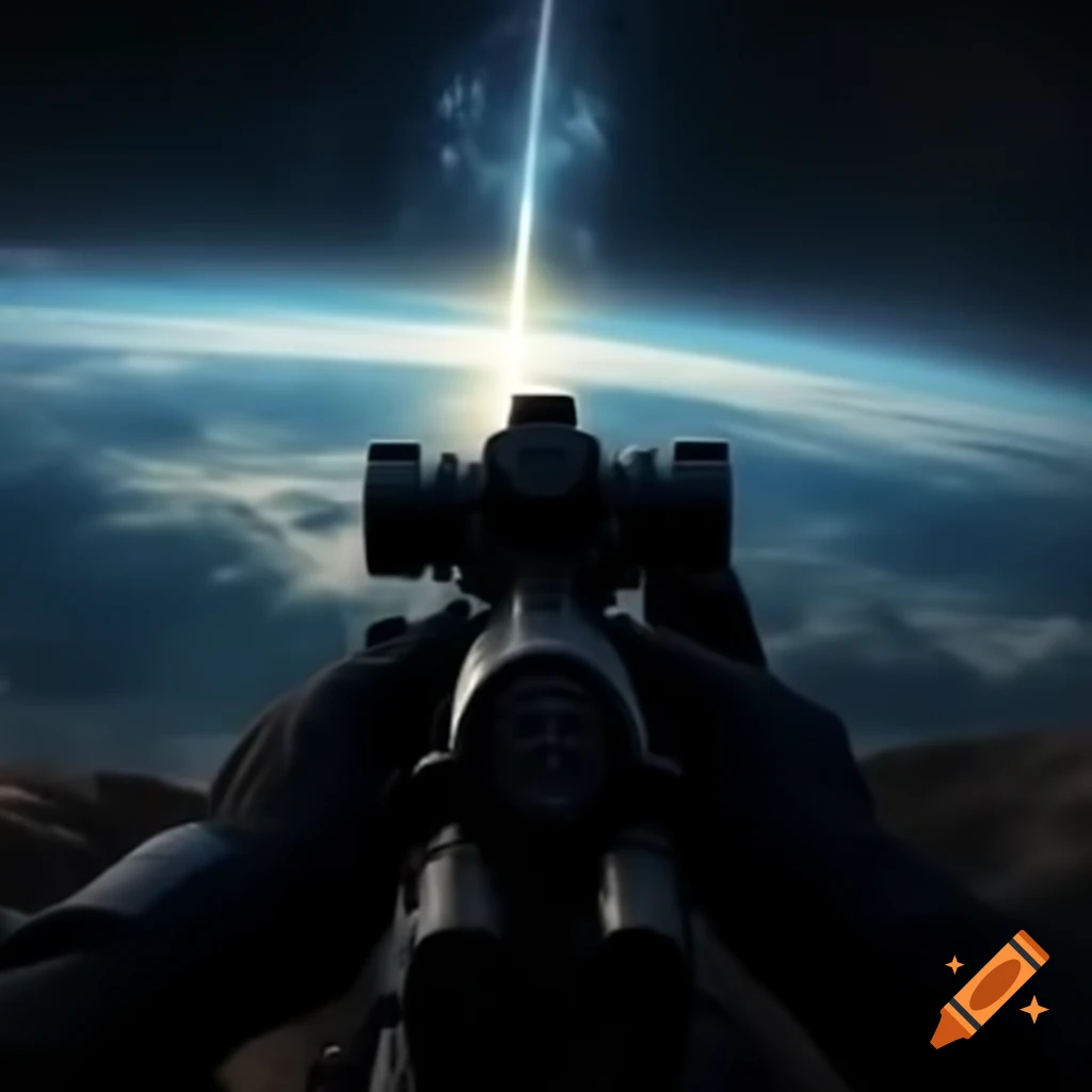 Sniper aiming from a distance in a cosmic setting