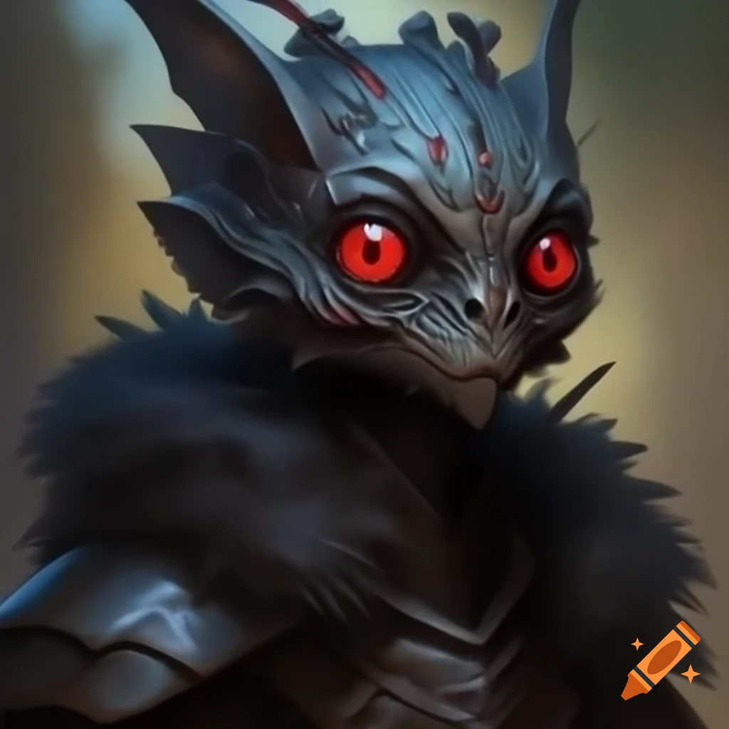 Highly detailed mothman cryptid character with red eyes and feather-shaped antennas