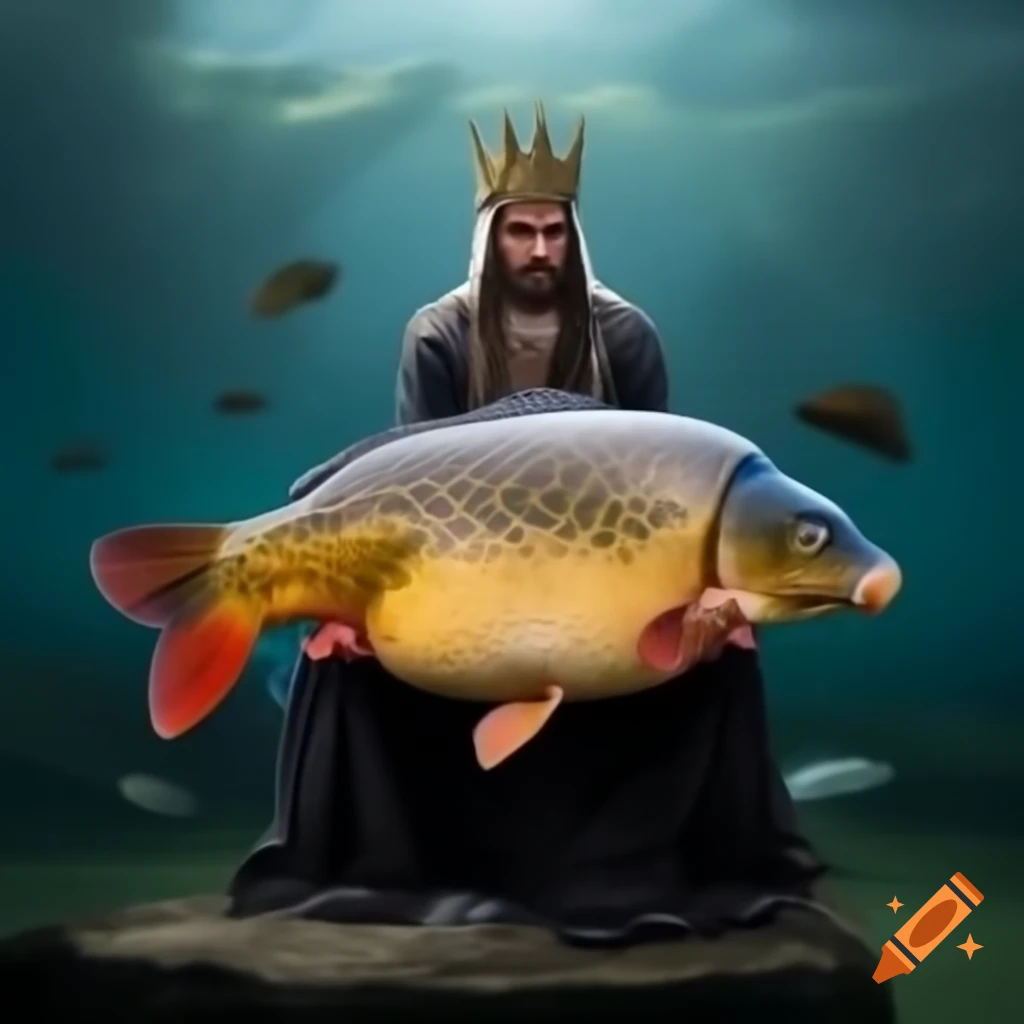 Carp wearing a crown on a throne surrounded by other fish