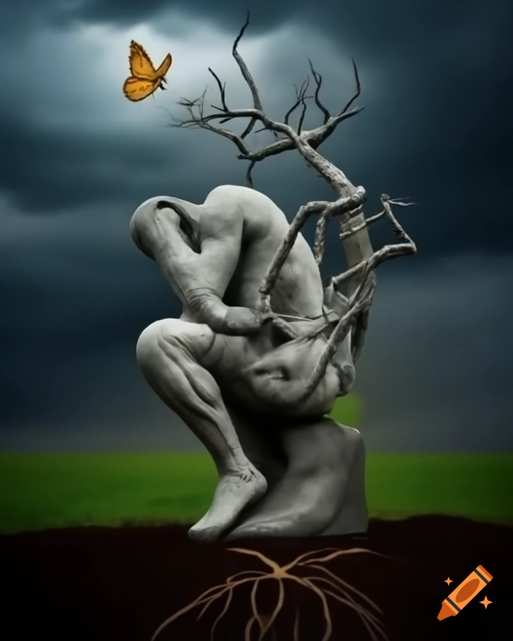 Concrete sculpture of a man in thinker pose with arms as tree branches