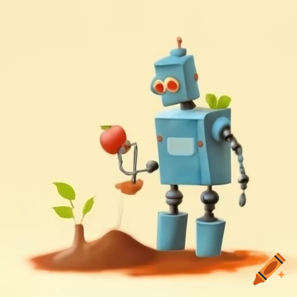 Robot in overalls planting apple seeds, illustrated like a children's book