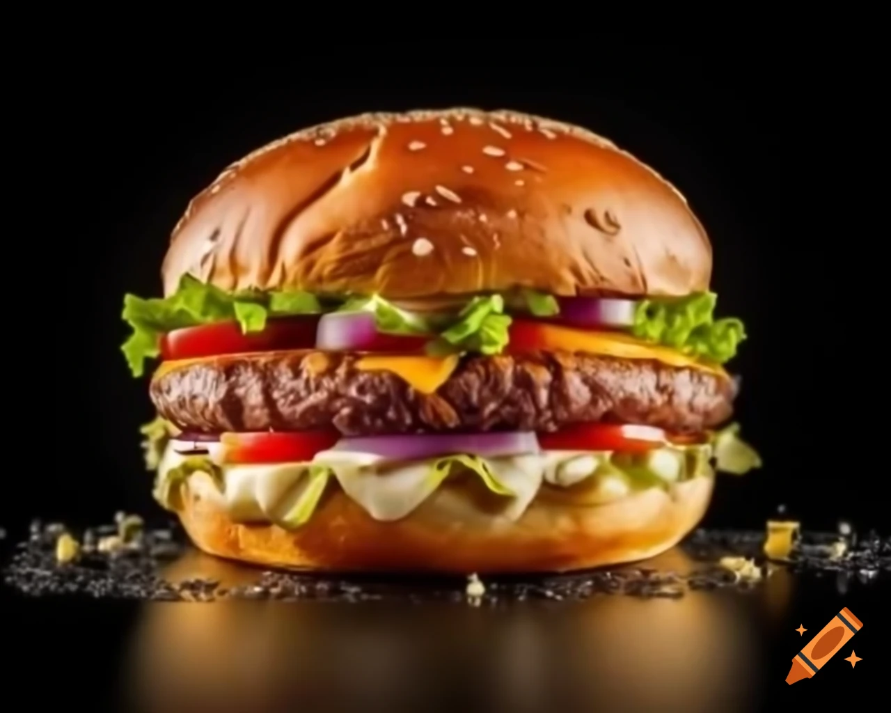 Juicy burger with melted cheese, lettuce, and tomatoes on black background
