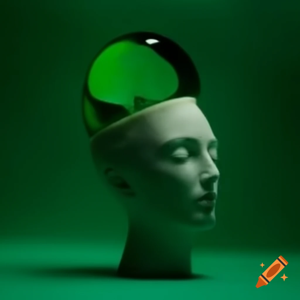 Pop surreal photography featuring green glass statue