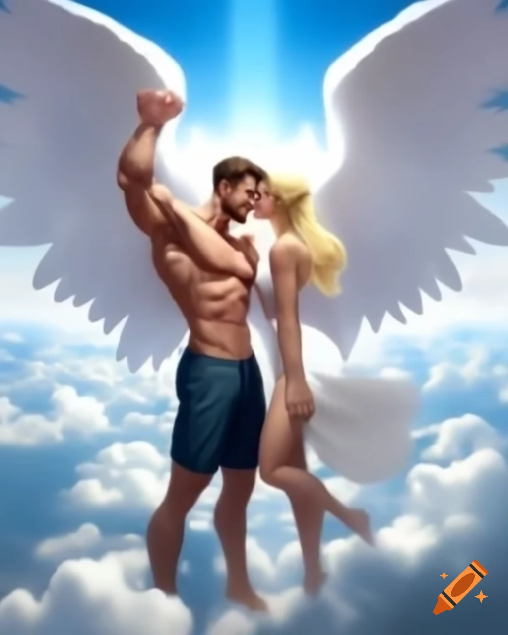 Muscular angel and human boyfriend in heavenly cloud setting
