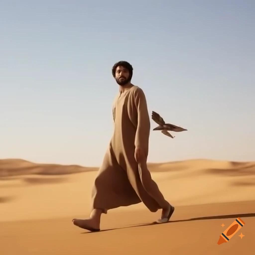Arab man walking alone in the desert with a falcon at sunset